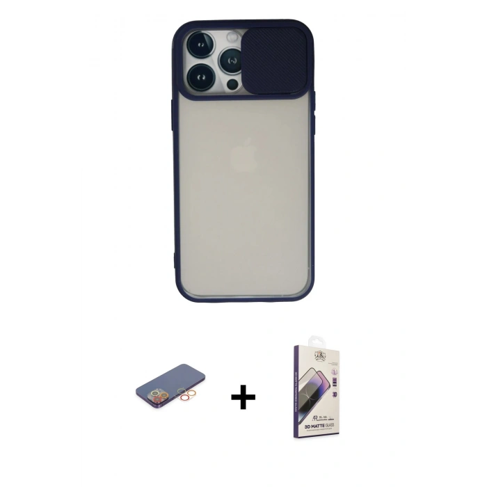 MARSİLYAN™- iPhone 13 Pro Max Kılıf Vadi Çizgi - Siyah Bilvis 3D Mat Cam Ekran Koruyucu + Renkli Kamera Lens Koruma Cam - TU