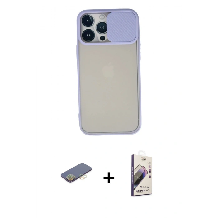 MARSİLYAN™- iPhone 13 Pro Max Kılıf Vadi Çizgi - Siyah Bilvis 3D Mat Cam Ekran Koruyucu + Renkli Kamera Lens Koruma Cam - SI