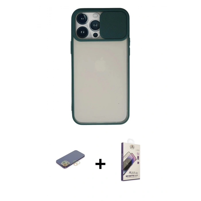 MARSİLYAN™- iPhone 13 Pro Max Kılıf Vadi Çizgi - Siyah Bilvis 3D Mat Cam Ekran Koruyucu + Renkli Kamera Lens Koruma Cam - SI