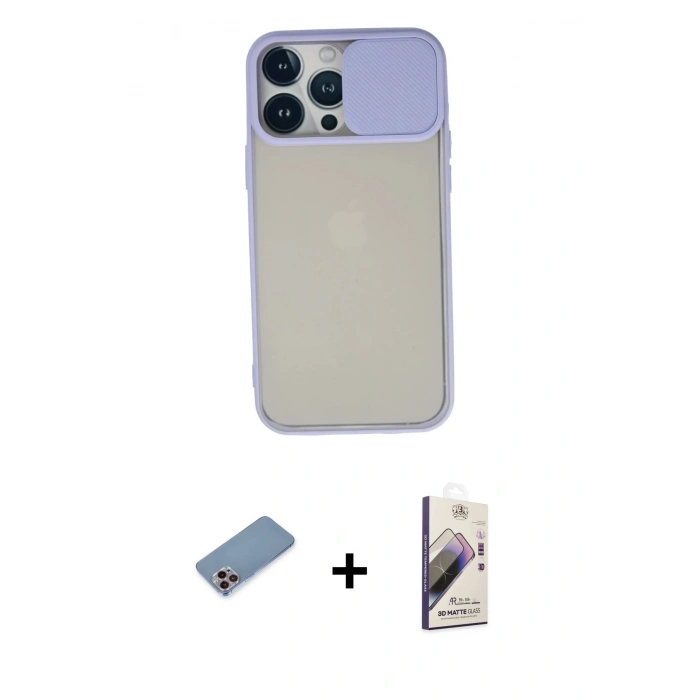 MARSİLYAN™- iPhone 13 Pro Max Kılıf Vadi Çizgi - Siyah Bilvis 3D Mat Cam Ekran Koruyucu + Shine Kamera Lens Koruma Cam - PE