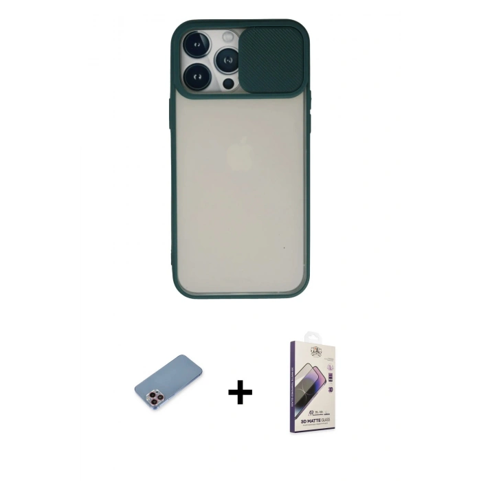 MARSİLYAN™- iPhone 13 Pro Max Kılıf Vadi Çizgi - Siyah Bilvis 3D Mat Cam Ekran Koruyucu + Shine Kamera Lens Koruma Cam - PE