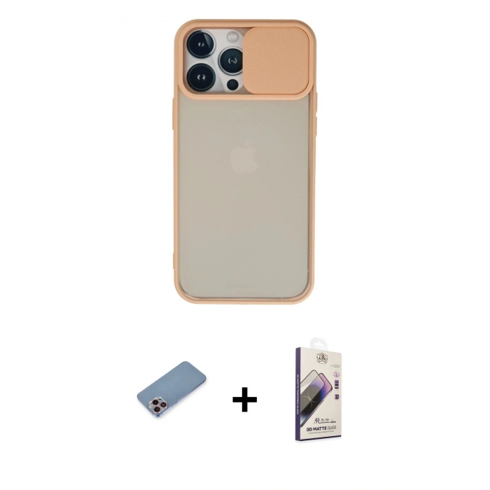 MARSİLYAN™- iPhone 13 Pro Max Kılıf Vadi Çizgi - Siyah Bilvis 3D Mat Cam Ekran Koruyucu + Shine Kamera Lens Koruma Cam - PE