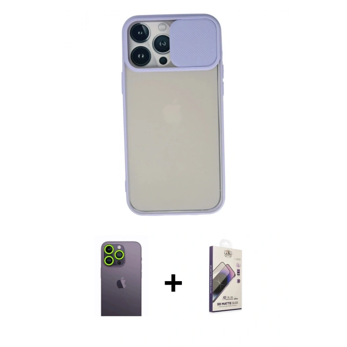 MARSİLYAN™- iPhone 13 Pro Max Kılıf Vadi Çizgi - Siyah Bilvis 3D Mat Cam Ekran Koruyucu + Neon Fosforlu Kamera Lens - YL