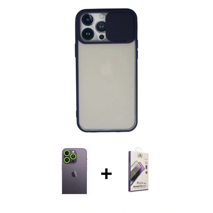 MARSİLYAN™- iPhone 13 Pro Max Kılıf Vadi Çizgi - Siyah Bilvis 3D Mat Cam Ekran Koruyucu + Neon Fosforlu Kamera Lens - YL