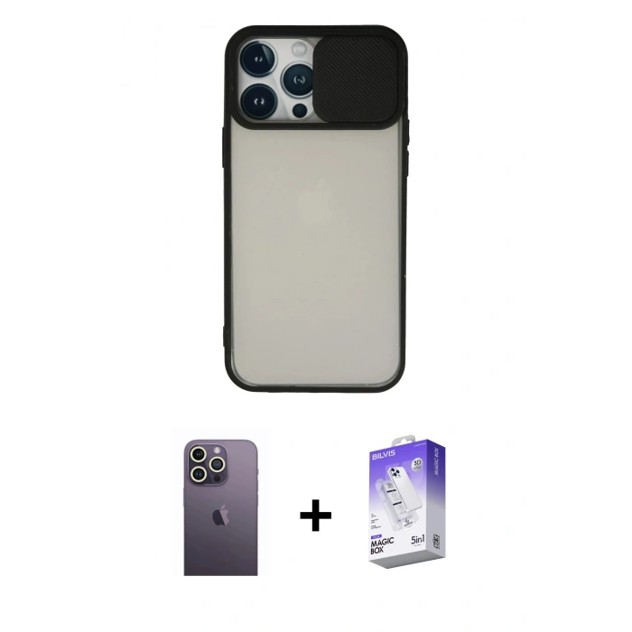 MARSİLYAN™- iPhone 13 Pro Max Kılıf Vadi Çizgi - Siyah Bilvis 5in1 3D Magic Cam Ekran Koruyucu + Neon Fosforlu Kamera Lens - BZ