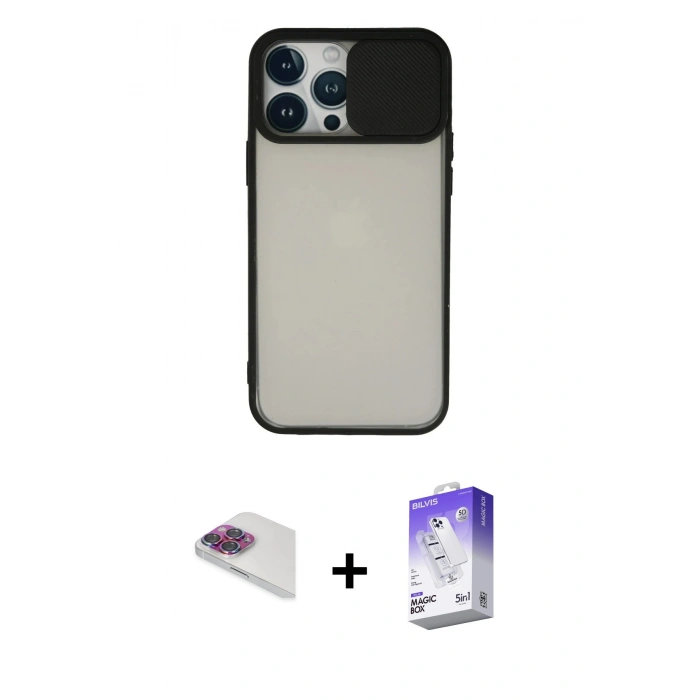 MARSİLYAN™- iPhone 13 Pro Max Kılıf Vadi Çizgi - Siyah Bilvis 5in1 3D Magic Cam Ekran Koruyucu + Pers Alüminyum Kamera Lens - GI