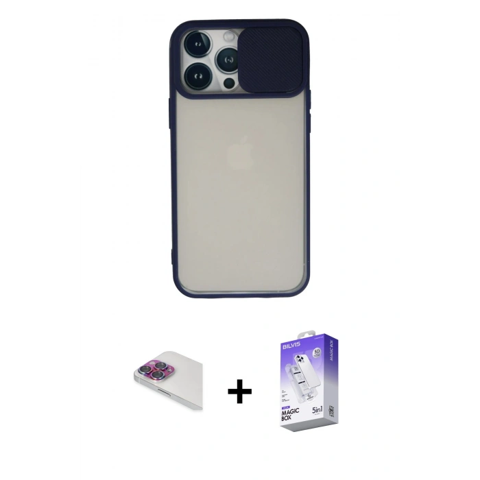 MARSİLYAN™- iPhone 13 Pro Max Kılıf Vadi Çizgi - Siyah Bilvis 5in1 3D Magic Cam Ekran Koruyucu + Pers Alüminyum Kamera Lens - GI
