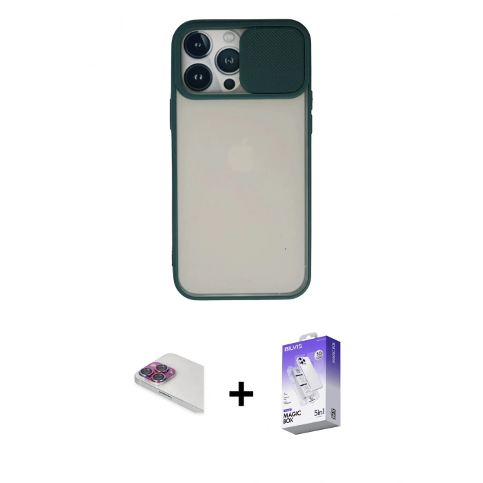 MARSİLYAN™- iPhone 13 Pro Max Kılıf Vadi Çizgi - Siyah Bilvis 5in1 3D Magic Cam Ekran Koruyucu + Pers Alüminyum Kamera Lens - GI