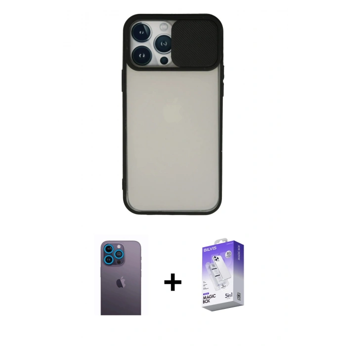 MARSİLYAN™- iPhone 13 Pro Max Kılıf Vadi Çizgi - Siyah Bilvis 5in1 3D Magic Cam Ekran Koruyucu + Neon Fosforlu Kamera Lens - MI