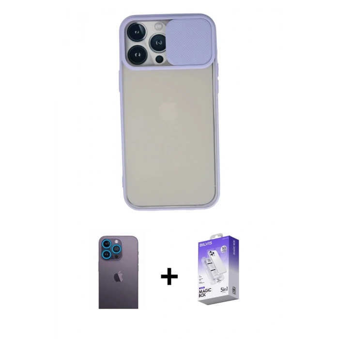 MARSİLYAN™- iPhone 13 Pro Max Kılıf Vadi Çizgi - Siyah Bilvis 5in1 3D Magic Cam Ekran Koruyucu + Neon Fosforlu Kamera Lens - MI