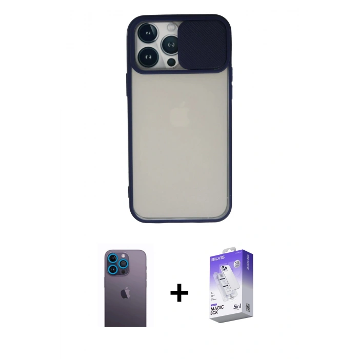 MARSİLYAN™- iPhone 13 Pro Max Kılıf Vadi Çizgi - Siyah Bilvis 5in1 3D Magic Cam Ekran Koruyucu + Neon Fosforlu Kamera Lens - MI