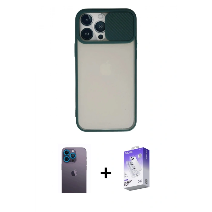 MARSİLYAN™- iPhone 13 Pro Max Kılıf Vadi Çizgi - Siyah Bilvis 5in1 3D Magic Cam Ekran Koruyucu + Neon Fosforlu Kamera Lens - MI