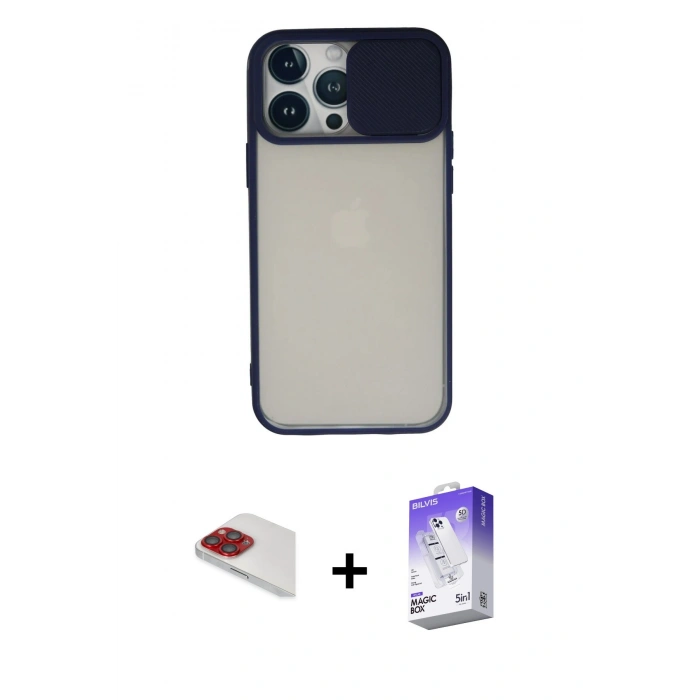 MARSİLYAN™- iPhone 13 Pro Max Kılıf Vadi Çizgi - Siyah Bilvis 5in1 3D Magic Cam Ekran Koruyucu + Pers Alüminyum Kamera Lens - KI