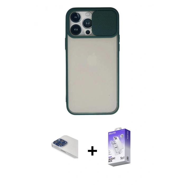 MARSİLYAN™- iPhone 13 Pro Max Kılıf Vadi Çizgi - Siyah Bilvis 5in1 3D Magic Cam Ekran Koruyucu + Pers Alüminyum Kamera Lens - LT