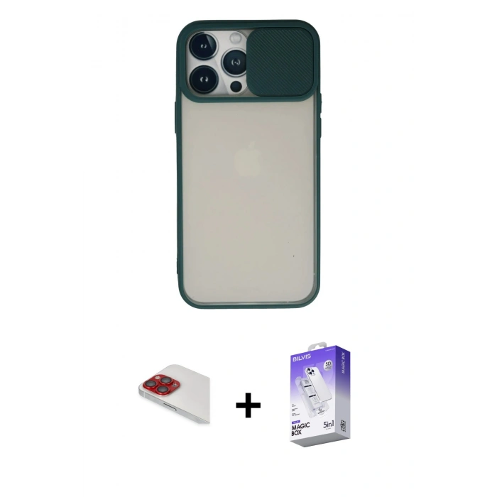MARSİLYAN™- iPhone 13 Pro Max Kılıf Vadi Çizgi - Siyah Bilvis 5in1 3D Magic Cam Ekran Koruyucu + Pers Alüminyum Kamera Lens - KI