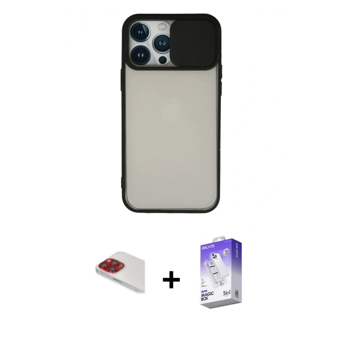 MARSİLYAN™- iPhone 13 Pro Max Kılıf Vadi Çizgi - Siyah Bilvis 5in1 3D Magic Cam Ekran Koruyucu + Pers Alüminyum Kamera Lens - KI