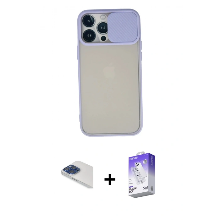 MARSİLYAN™- iPhone 13 Pro Max Kılıf Vadi Çizgi - Siyah Bilvis 5in1 3D Magic Cam Ekran Koruyucu + Pers Alüminyum Kamera Lens - LT