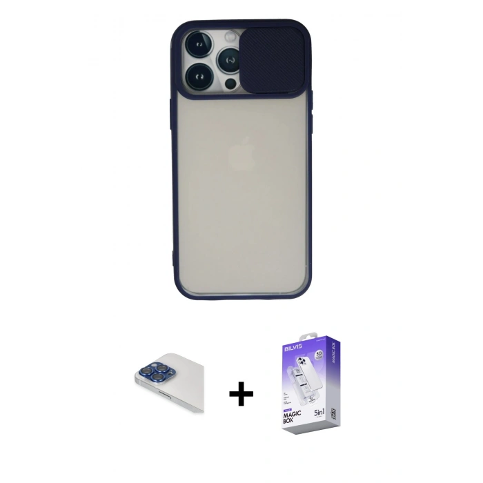 MARSİLYAN™- iPhone 13 Pro Max Kılıf Vadi Çizgi - Siyah Bilvis 5in1 3D Magic Cam Ekran Koruyucu + Pers Alüminyum Kamera Lens - LT