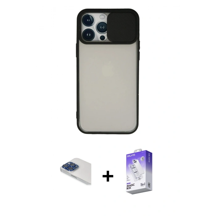 MARSİLYAN™- iPhone 13 Pro Max Kılıf Vadi Çizgi - Siyah Bilvis 5in1 3D Magic Cam Ekran Koruyucu + Pers Alüminyum Kamera Lens - LT