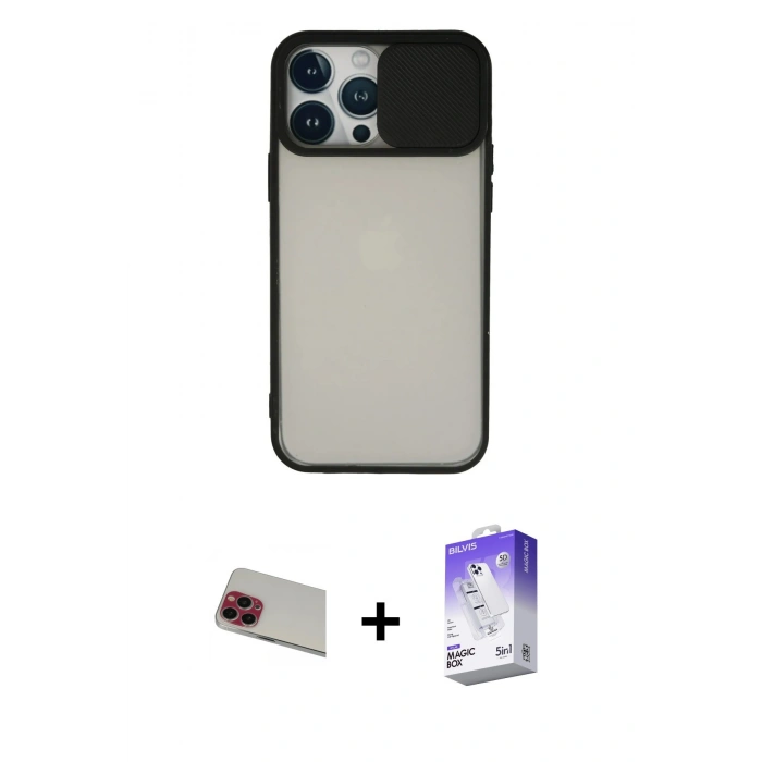 MARSİLYAN™- iPhone 13 Pro Max Kılıf Vadi Çizgi - Siyah Bilvis 5in1 3D Magic Cam Ekran Koruyucu + Rainbow Kamera Lens Koruma Cam - KI
