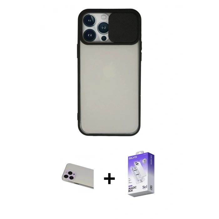 MARSİLYAN™- iPhone 13 Pro Max Kılıf Vadi Çizgi - Siyah Bilvis 5in1 3D Magic Cam Ekran Koruyucu + Rainbow Kamera Lens Koruma Cam - MR