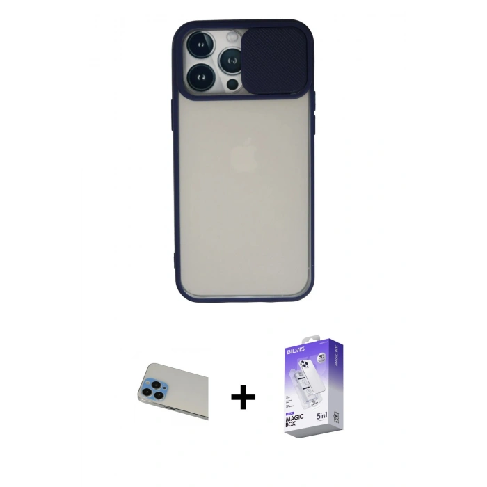 MARSİLYAN™- iPhone 13 Pro Max Kılıf Vadi Çizgi - Siyah Bilvis 5in1 3D Magic Cam Ekran Koruyucu + Rainbow Kamera Lens Koruma Cam - MI
