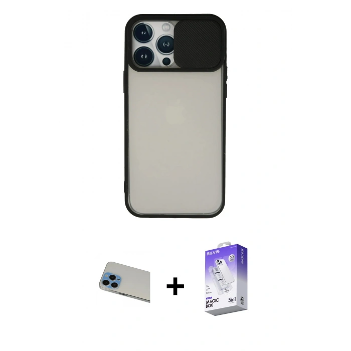 MARSİLYAN™- iPhone 13 Pro Max Kılıf Vadi Çizgi - Siyah Bilvis 5in1 3D Magic Cam Ekran Koruyucu + Rainbow Kamera Lens Koruma Cam - MI