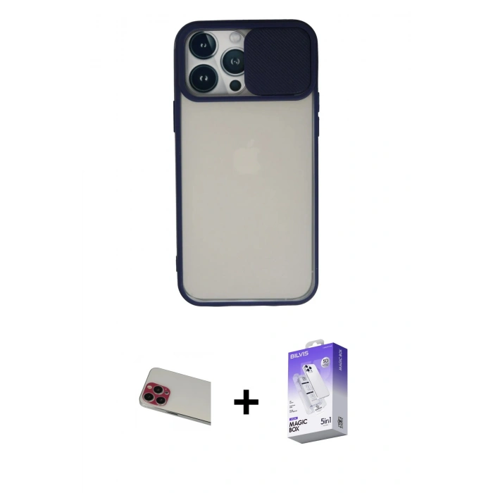 MARSİLYAN™- iPhone 13 Pro Max Kılıf Vadi Çizgi - Siyah Bilvis 5in1 3D Magic Cam Ekran Koruyucu + Rainbow Kamera Lens Koruma Cam - KI