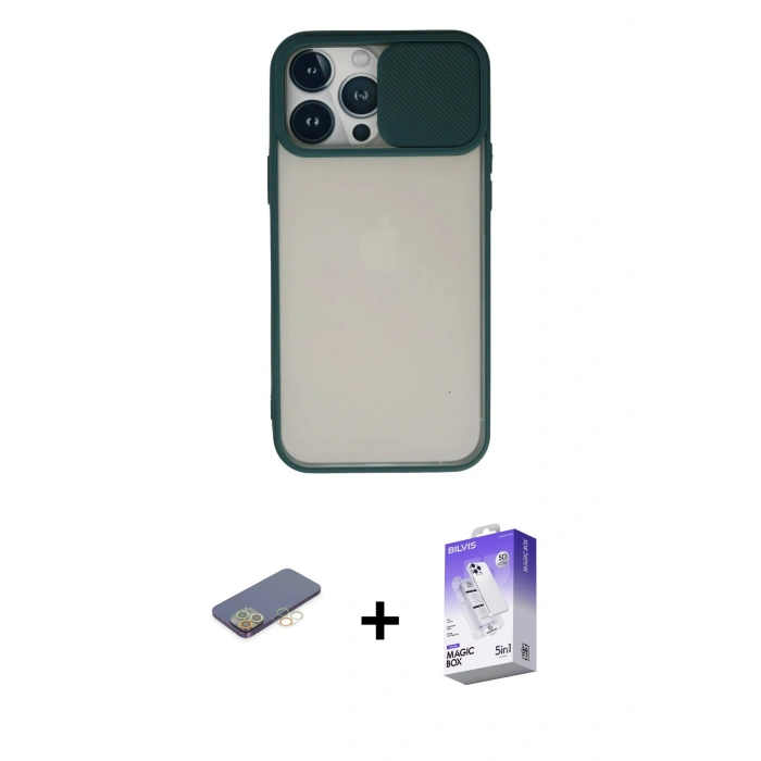 MARSİLYAN™- iPhone 13 Pro Max Kılıf Vadi Çizgi - Siyah Bilvis 5in1 3D Magic Cam Ekran Koruyucu + Renkli Kamera Lens Koruma Cam - SI