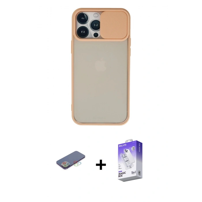 MARSİLYAN™- iPhone 13 Pro Max Kılıf Vadi Çizgi - Siyah Bilvis 5in1 3D Magic Cam Ekran Koruyucu + Renkli Kamera Lens Koruma Cam - MI