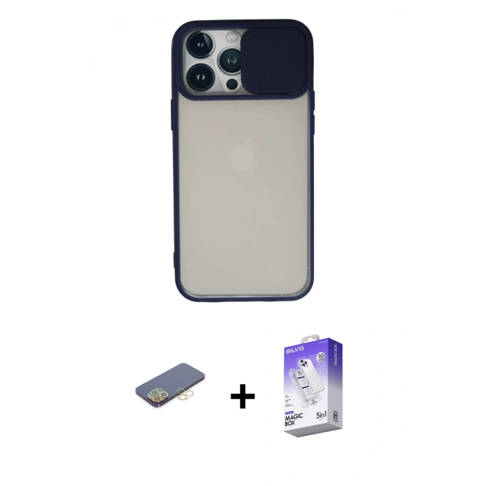 MARSİLYAN™- iPhone 13 Pro Max Kılıf Vadi Çizgi - Siyah Bilvis 5in1 3D Magic Cam Ekran Koruyucu + Renkli Kamera Lens Koruma Cam - SI