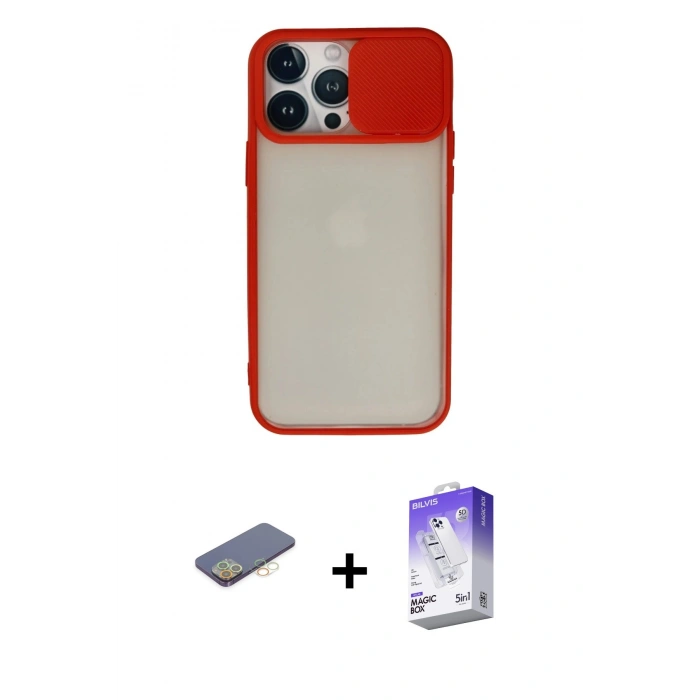 MARSİLYAN™- iPhone 13 Pro Max Kılıf Vadi Çizgi - Siyah Bilvis 5in1 3D Magic Cam Ekran Koruyucu + Renkli Kamera Lens Koruma Cam - SI