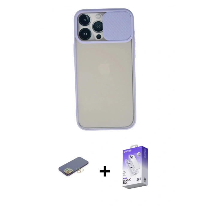 MARSİLYAN™- iPhone 13 Pro Max Kılıf Vadi Çizgi - Siyah Bilvis 5in1 3D Magic Cam Ekran Koruyucu + Renkli Kamera Lens Koruma Cam - SI
