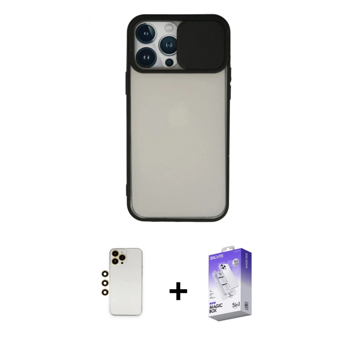 MARSİLYAN™- iPhone 13 Pro Max Kılıf Vadi Çizgi - Siyah Bilvis 5in1 3D Magic Cam Ekran Koruyucu + Shine Kamera Lens - GD