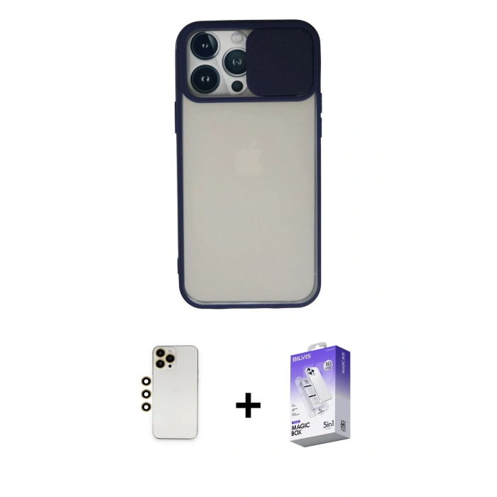 MARSİLYAN™- iPhone 13 Pro Max Kılıf Vadi Çizgi - Siyah Bilvis 5in1 3D Magic Cam Ekran Koruyucu + Shine Kamera Lens - GD