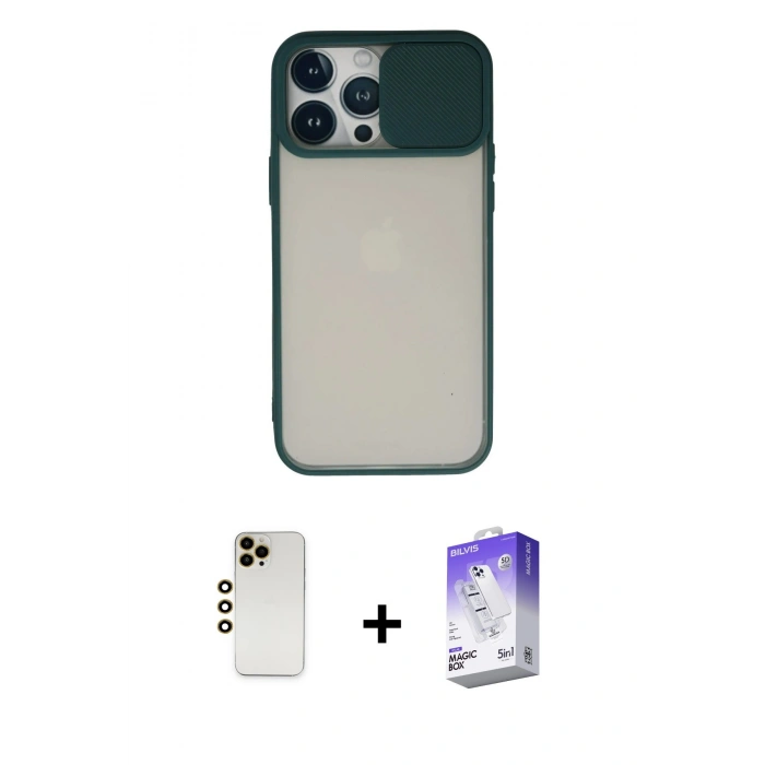 MARSİLYAN™- iPhone 13 Pro Max Kılıf Vadi Çizgi - Siyah Bilvis 5in1 3D Magic Cam Ekran Koruyucu + Shine Kamera Lens - GD