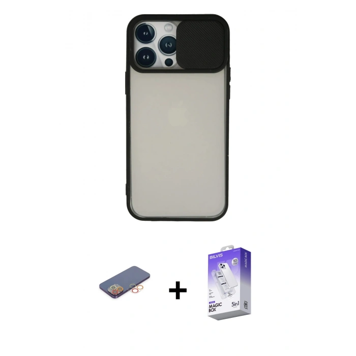 MARSİLYAN™- iPhone 13 Pro Max Kılıf Vadi Çizgi - Siyah Bilvis 5in1 3D Magic Cam Ekran Koruyucu + Renkli Kamera Lens Koruma Cam - TU