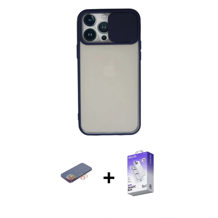 MARSİLYAN™- iPhone 13 Pro Max Kılıf Vadi Çizgi - Siyah Bilvis 5in1 3D Magic Cam Ekran Koruyucu + Renkli Kamera Lens Koruma Cam - TU