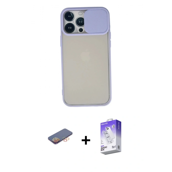 MARSİLYAN™- iPhone 13 Pro Max Kılıf Vadi Çizgi - Siyah Bilvis 5in1 3D Magic Cam Ekran Koruyucu + Renkli Kamera Lens Koruma Cam - TU