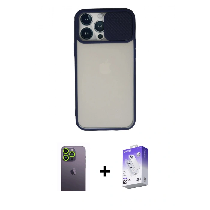 MARSİLYAN™- iPhone 13 Pro Max Kılıf Vadi Çizgi - Siyah Bilvis 5in1 3D Magic Cam Ekran Koruyucu + Neon Fosforlu Kamera Lens - YL