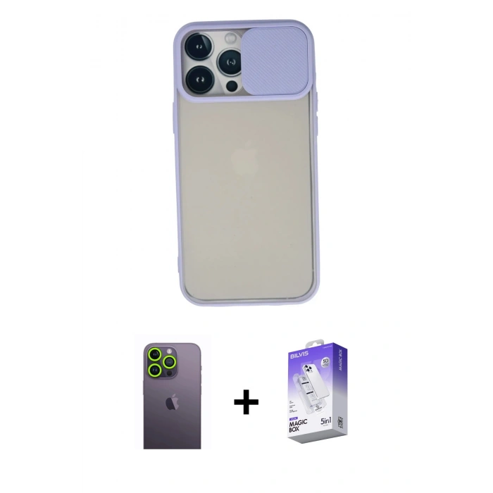 MARSİLYAN™- iPhone 13 Pro Max Kılıf Vadi Çizgi - Siyah Bilvis 5in1 3D Magic Cam Ekran Koruyucu + Neon Fosforlu Kamera Lens - YL