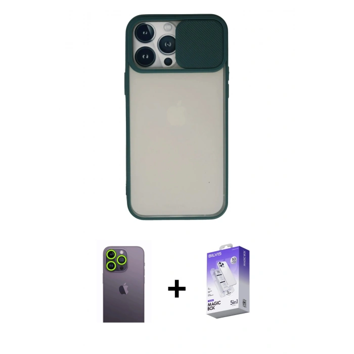 MARSİLYAN™- iPhone 13 Pro Max Kılıf Vadi Çizgi - Siyah Bilvis 5in1 3D Magic Cam Ekran Koruyucu + Neon Fosforlu Kamera Lens - YL