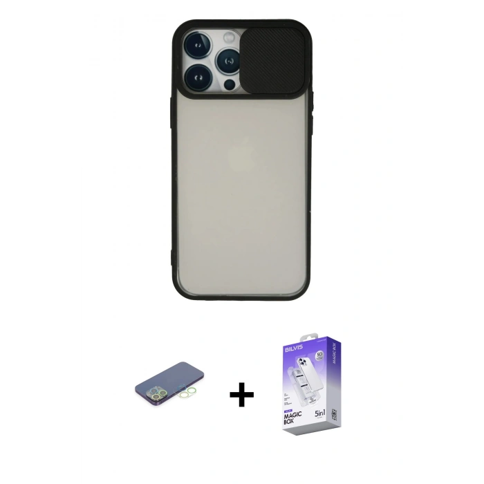 MARSİLYAN™- iPhone 13 Pro Max Kılıf Vadi Çizgi - Siyah Bilvis 5in1 3D Magic Cam Ekran Koruyucu + Yeşil Renkli Kamera Lens Koruma Cam