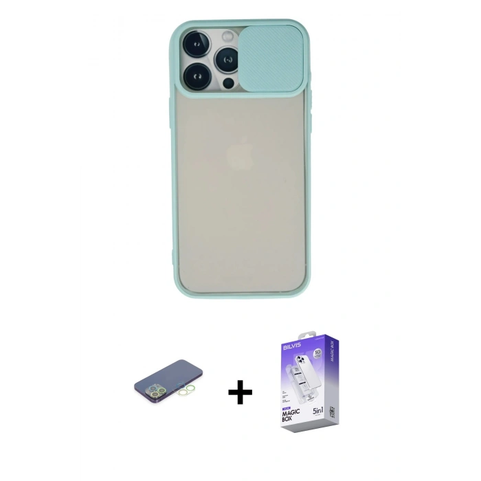MARSİLYAN™- iPhone 13 Pro Max Kılıf Vadi Çizgi - Siyah Bilvis 5in1 3D Magic Cam Ekran Koruyucu + Yeşil Renkli Kamera Lens Koruma Cam