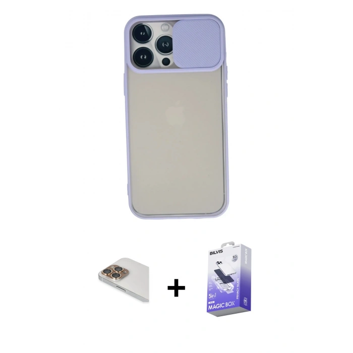 MARSİLYAN™- iPhone 13 Pro Max Kılıf Vadi Çizgi - Siyah Bilvis 5in1 5D Magic Hayalet Cam Ekran Koruyucu + Pers Alüminyum Kamera Lens - GD