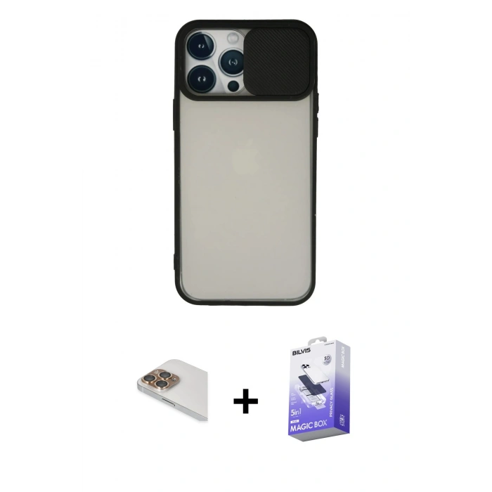 MARSİLYAN™- iPhone 13 Pro Max Kılıf Vadi Çizgi - Siyah Bilvis 5in1 5D Magic Hayalet Cam Ekran Koruyucu + Pers Alüminyum Kamera Lens - GD