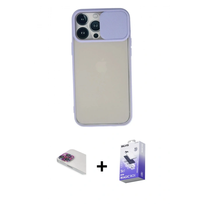 MARSİLYAN™- iPhone 13 Pro Max Kılıf Vadi Çizgi - Siyah Bilvis 5in1 5D Magic Hayalet Cam Ekran Koruyucu + Pers Alüminyum Kamera Lens - GI