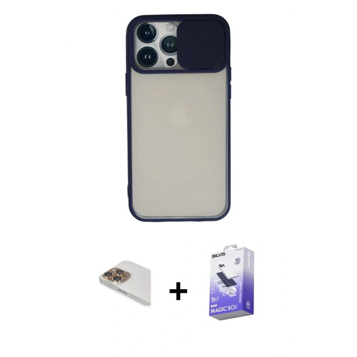 MARSİLYAN™- iPhone 13 Pro Max Kılıf Vadi Çizgi - Siyah Bilvis 5in1 5D Magic Hayalet Cam Ekran Koruyucu + Pers Alüminyum Kamera Lens - GD
