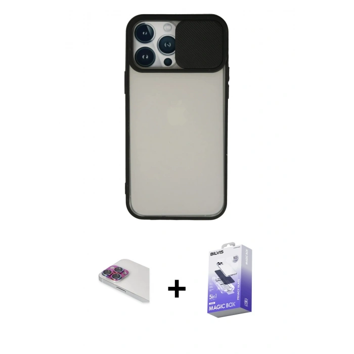 MARSİLYAN™- iPhone 13 Pro Max Kılıf Vadi Çizgi - Siyah Bilvis 5in1 5D Magic Hayalet Cam Ekran Koruyucu + Pers Alüminyum Kamera Lens - GI