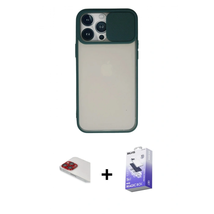 MARSİLYAN™- iPhone 13 Pro Max Kılıf Vadi Çizgi - Siyah Bilvis 5in1 5D Magic Hayalet Cam Ekran Koruyucu + Pers Alüminyum Kamera Lens - KI